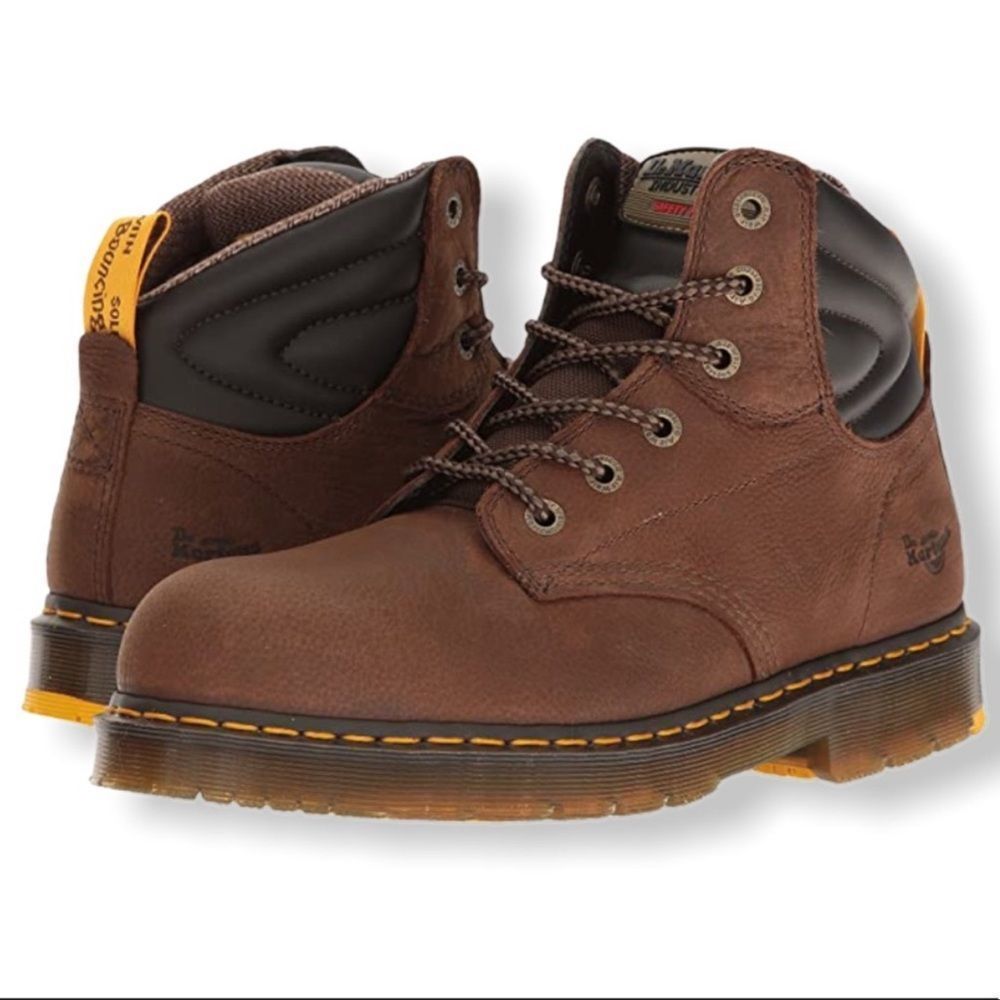 Dr. Martens Brown Leather Lace-Up Work Boots with Yellow Accents